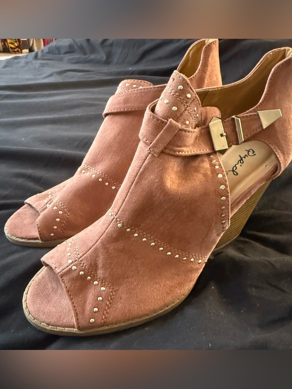 Qupid Dusty Rose Suede Peep-Toe Booties with Stud Accents